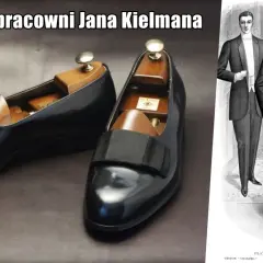 Eleganckie, czarne **eskarpiny** z kokardą, wykonane w pracowni Jana Kielmana, obok rysunku panów w smokingach.