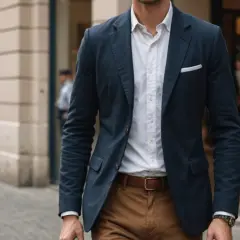 Elegancki mężczyzna w granatowej marynarce, białej koszuli i brązowych spodniach. Idealna stylizacja, która odpowiada na pytanie: jaka koszula do brązowych spodni.