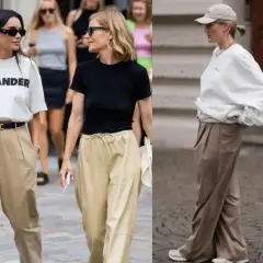 Stylizacje z beżowymi spodniami: jakie buty wybrać? Sneakersy i eleganckie sandały pasują do luźnych spodni.