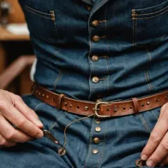 Rzemieślnik w dżinsowym stroju, nawiązującym do stylu Levi Strauss, szyje przy użyciu igły i nici.