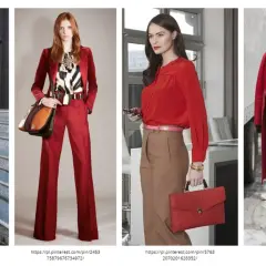 Eleganckie stylizacje w odcieniach czerwieni i brązu. Kobiety w garniturach, płaszczach i z torebkami.