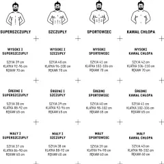 Tabela rozmiarów koszul męskich: wzrost i budowa ciała (superszczupły, szczupły, sportowiec, kawał chłopa, wielki człowiek) z wymiarami szyi, klatki i rękawa.