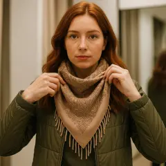 Ruda kobieta w zielonej kurtce poprawia beżową etolę z frędzlami i wzorem paisley.