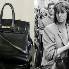 Czarna, skórzana torba, być może najdroższa torebka na świecie, obok Jane Birkin w tłumie.