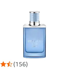 Niebieska butelka perfum Jimmy Choo Man Aqua, z srebrnym korkiem i wytłoczonym wzorem skóry węża.