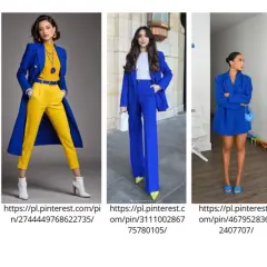 Eleganckie stylizacje w odcieniu kolor chabrowy. Garnitury, płaszcze i sukienki prezentują się niezwykle stylowo.