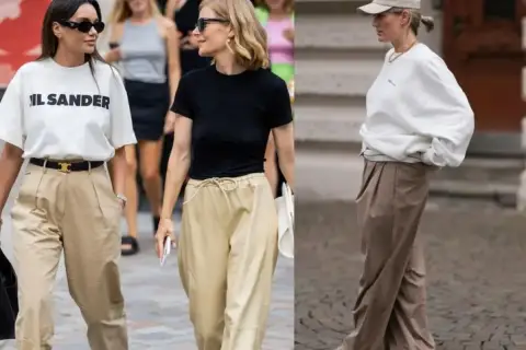 Stylizacje z beżowymi spodniami: jakie buty wybrać? Sneakersy i eleganckie sandały pasują do luźnych spodni.