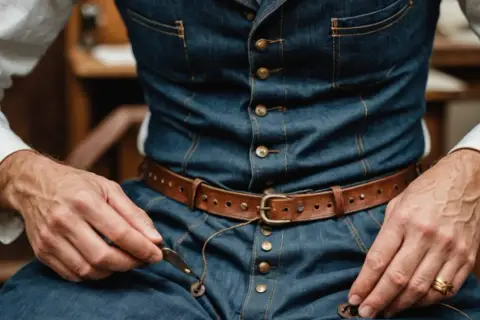 Rzemieślnik w dżinsowym stroju, nawiązującym do stylu Levi Strauss, szyje przy użyciu igły i nici.
