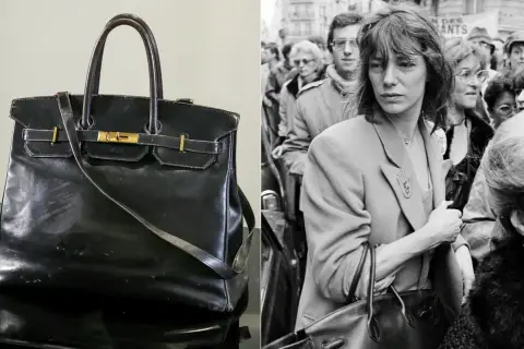 Czarna, skórzana torba, być może najdroższa torebka na świecie, obok Jane Birkin w tłumie.
