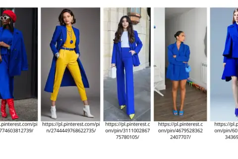 Eleganckie stylizacje w odcieniu kolor chabrowy. Garnitury, płaszcze i sukienki prezentują się niezwykle stylowo.