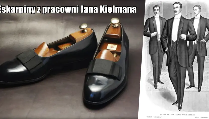 Eleganckie, czarne **eskarpiny** z kokardą, wykonane w pracowni Jana Kielmana, obok rysunku panów w smokingach.