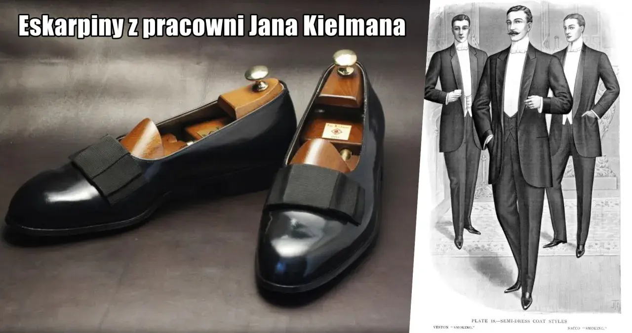 Eleganckie, czarne **eskarpiny** z kokardą, wykonane w pracowni Jana Kielmana, obok rysunku panów w smokingach.