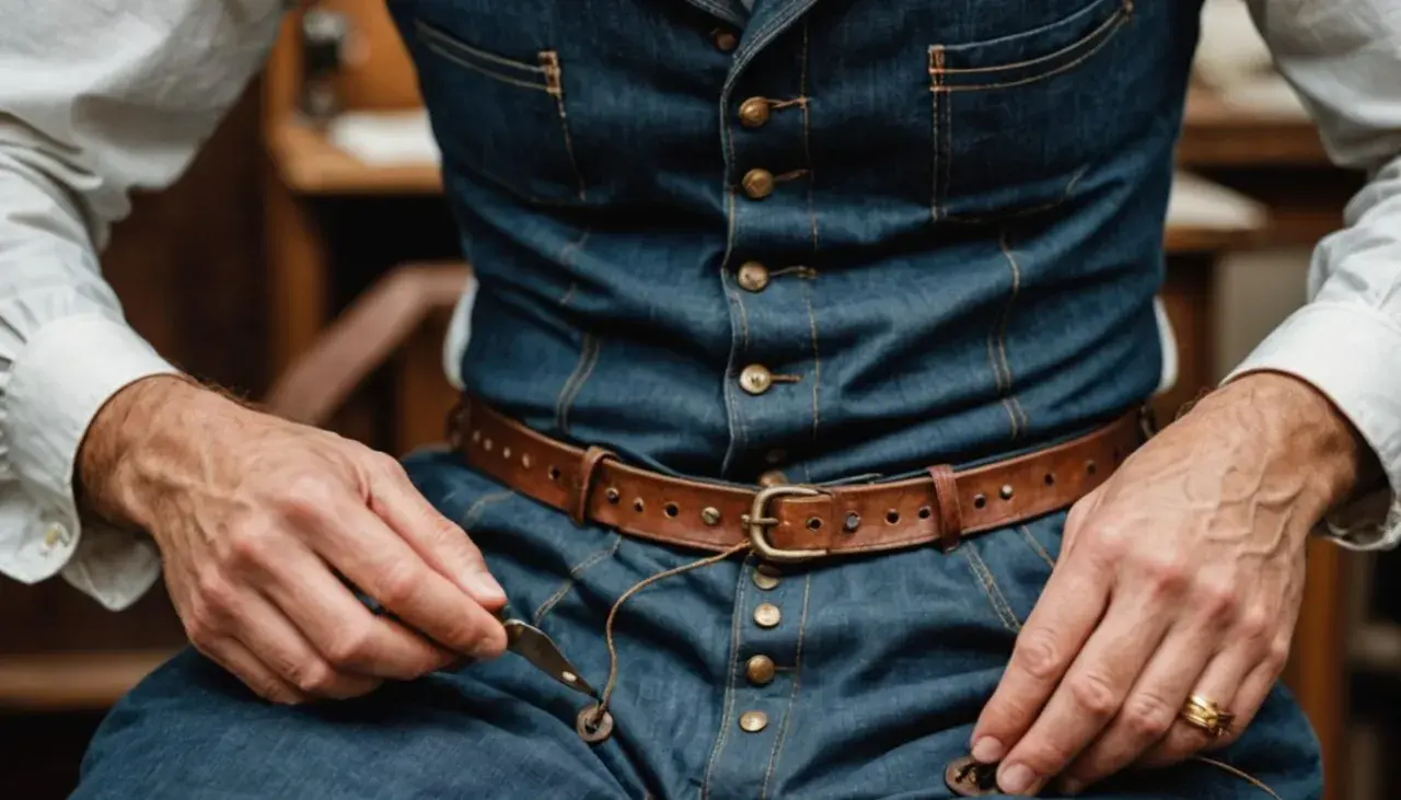 Rzemieślnik w dżinsowym stroju, nawiązującym do stylu Levi Strauss, szyje przy użyciu igły i nici.