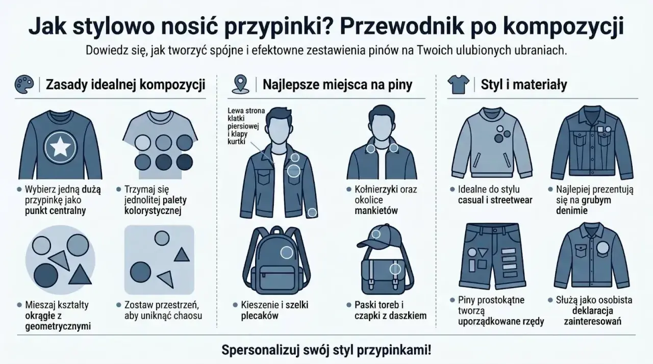 Przewodnik po kompozycji przypinek: zasady, miejsca, style. Wybierz dużą przypinkę jako punkt centralny, mieszaj kształty, by stworzyć spójny styl.