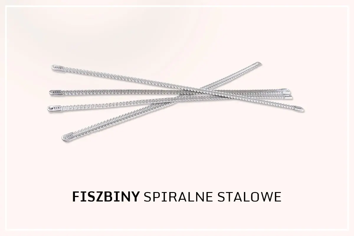 Kilka spiralnych, stalowych fiszbinów ułożonych na jasnym tle.