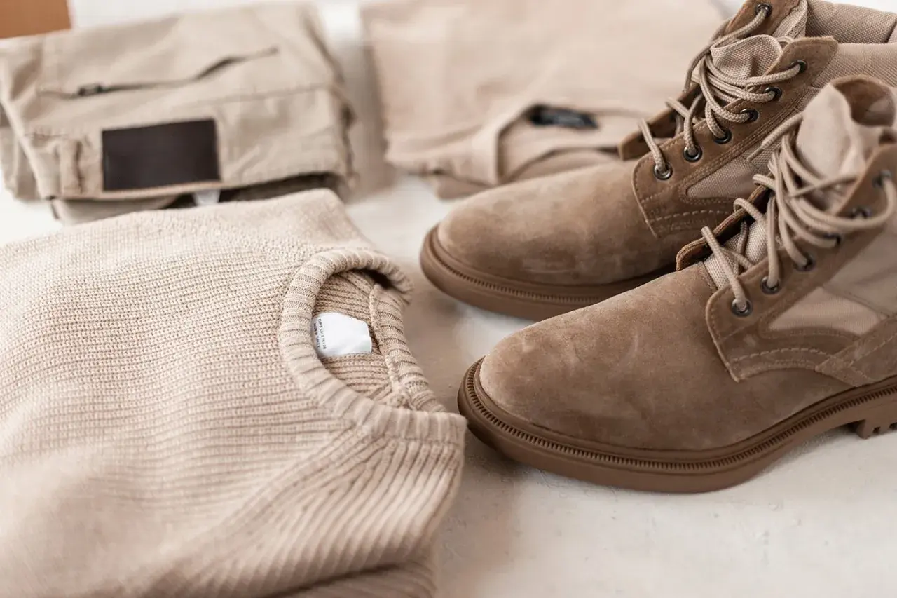Sweter i spodnie w kolorze karmelowym, obok nich buty trekkingowe.