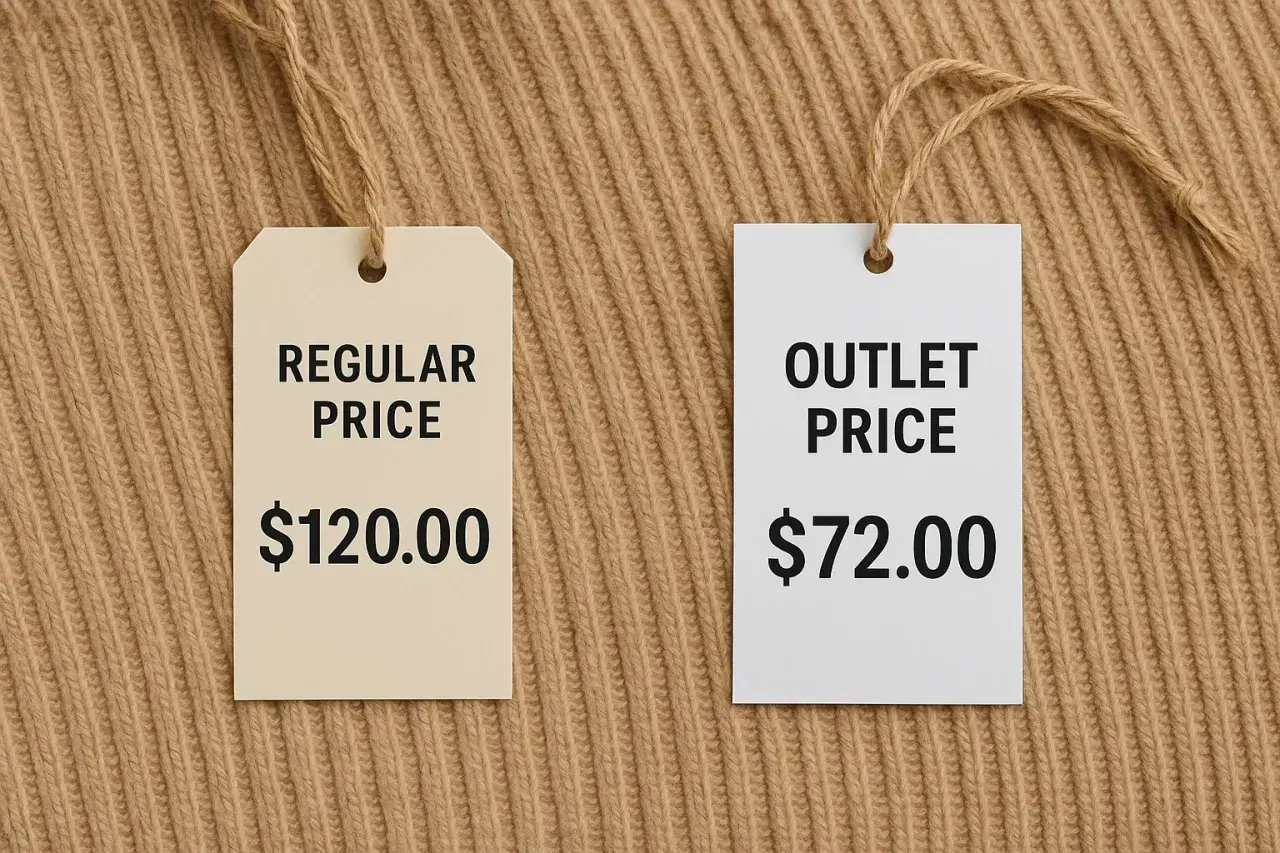 Dwie metki: jedna z ceną regularną $120.00, druga z ceną outlet $72.00. Sprawdź, co to outlet i oszczędzaj!